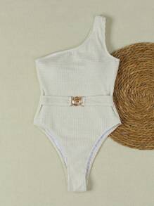 New Arrival Spring/Summer European And American Casual Sexy Solid White Ruched One-Piece Swimsuit, Suitable For Beach, Vacation, Party, Date - Beige - View 2