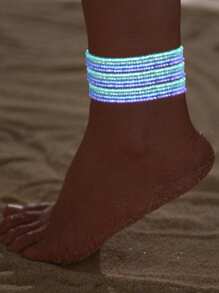 12pcs Glow-In-The-Dark Colorful Beaded Anklets, Charge-Activated Luminous Elastic Beach Jewelry For Women - Multicolor - View 9