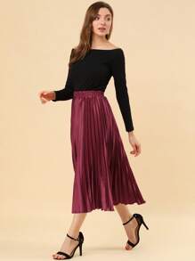 Women's Elastic Waist Metallic Shiny Accordion Pleated Midi Skirt