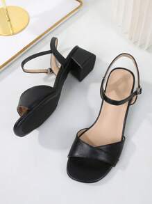 Women's Peep Toe Ankle Strap Chunky Heeled Sandals, Mid Heels French Style Sandals With Extended Sizes, Classic High Heel Outdoor Wear - Black - View 7