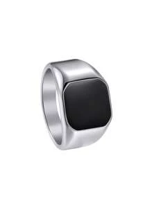 1pc Titanium Steel Ring With Faux Gemstone Inlay, Men's Artificial Stone Titanium Steel Jewelry - 1360 Silver + Obsidian Black - View 13