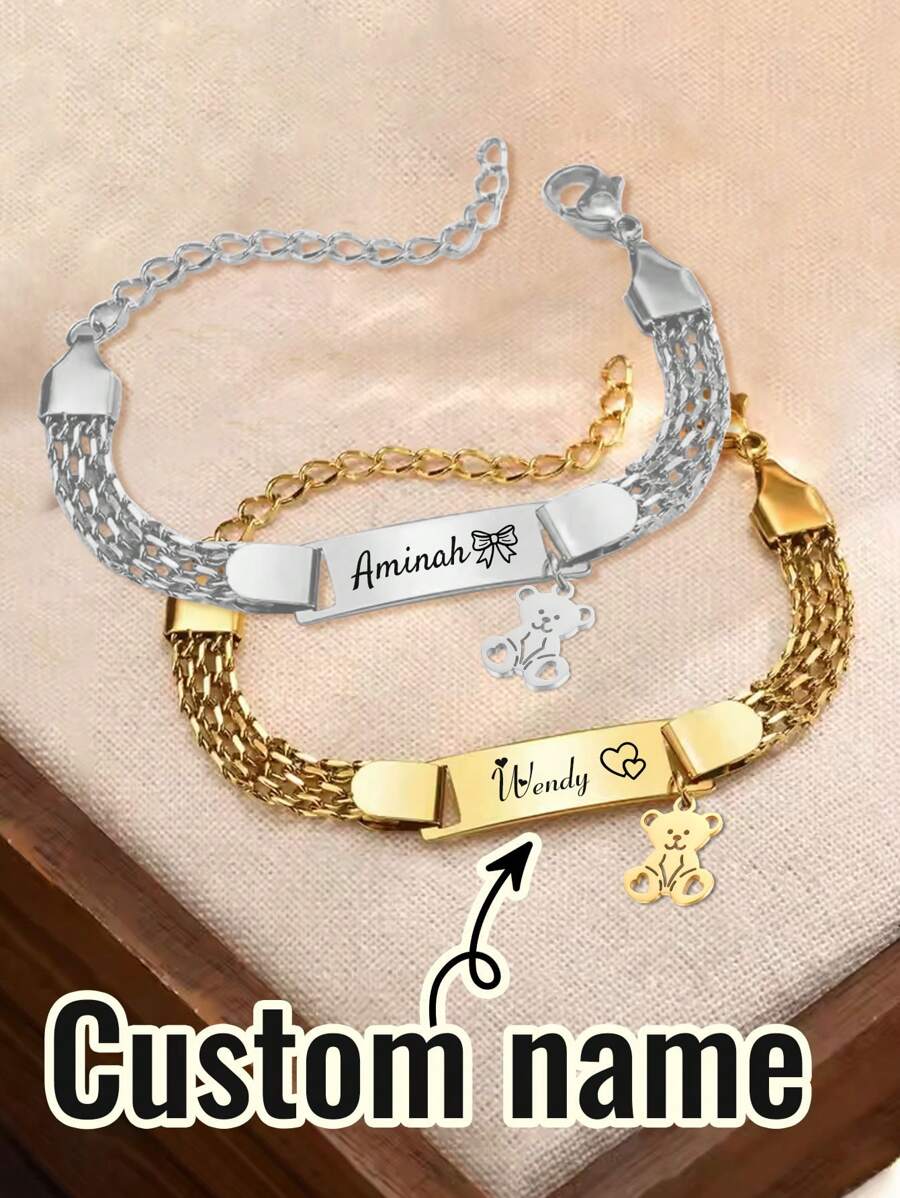 1/2 piezas Pulsera personalizada para niño y niña, pulsera de combinación personalizable para pareja, pulsera de acero inoxidable grabada con nombre personalizado para hijo, hija, mamá, regalo de bautizo, regalo secreto de Santa, ideas de regalo para el regreso a la escuela, invierno, Día de San Valentín, multifuncional - Estilo A - Ver 1