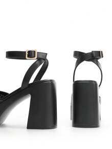 Women Fashion Chunky Platform High Heeled Sandals Open Toe Buckle Decor Ankle Strap Heeled Sandals For Daily Wearing Party Prom - 黑色 - 查看 4