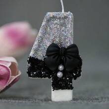 1 Pc Girl Style Black Collar Bow Pearl Theme Glitter Creative Number 0-9 Candles For Birthday Party Cake Decoration Atmospheric Feeling Birthday Baking Plug-In Decoration Suitable For Girls, Goddess,Princess Female Party Birthday Wedding Anniversary Celebration Supplies Gifts Graduation