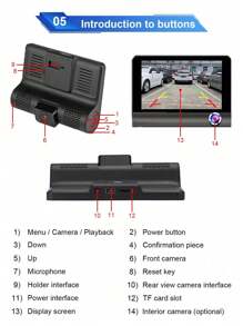 Cámara de salpicadero para automóvil con pantalla de 4 pulgadas, grabador de video Full HD de 3 canales para la parte delantera, cabina y trasera, con visión nocturna, WDR, sensor G, detección de movimiento, incluye cámara de visión trasera de respaldo - Negro - Ver 5