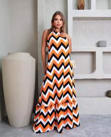 Women's Halter Backless Dress With Padded Cup H-6 - Burnt Orange - View 1