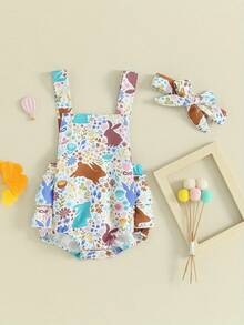 Mono de Pascua para bebés, niños y niñas, sin mangas, con estampado floral de conejito y diadema, conjunto de primavera para recién nacidos, estilo pastoral - Blanco - Ver 2