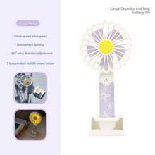 1st Daisy Handheld Fan, met standaardontwerp, 3 windsnelheden, sfeerverlichting, draagbaar en tafelmodel voor twee doeleinden, telefoonhouder, 1200mAh batterijcapaciteit, perfect om koel te blijven, video's te kijken, te genieten van afternoon tea, essentieel voor de zomer, frisse kleur, lange batterijduur, geschikt voor kamperen, bijeenkomsten, picknicks