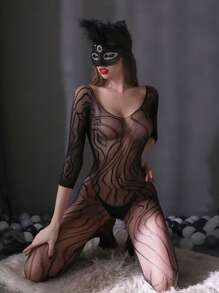 Sexy Lingerie For Women Sexy Black Brindle Open Crotch Long-Sleeved One-Piece