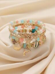 4pcs/Set Boho Ocean Style Dolphin, Shell & Starfish Beaded Layered Bracelets Suitable For Women Everyday, Vacation, Date, Lovely Accessory, Multi-Color Mix