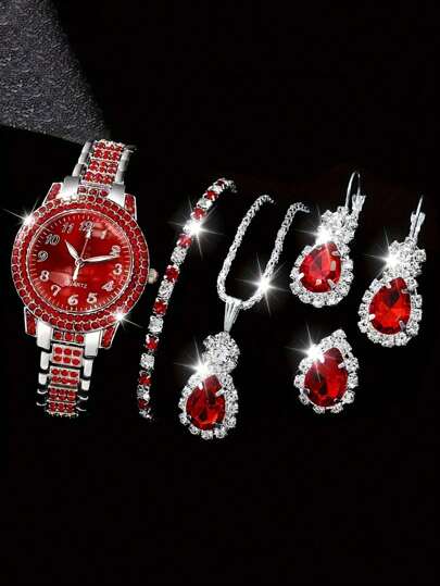 6 件套时尚女士手表套装，绿色表盘石英机芯 - 锌合金表壳和表带，圆形模拟手表，适合日常佩戴和派对，是新年、圣诞节、情人节送给朋友的理想礼物