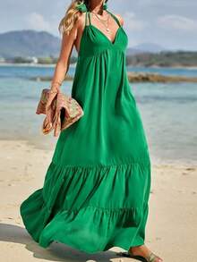 Vestido casual corto de mujer de unicolor con volantes en el bajo y cuello halter para vacaciones - Verde - Ver 2