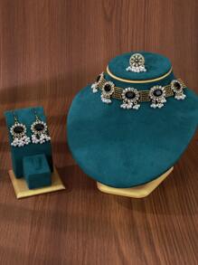 4pcs/Set European & American Vintage Palace Style Women Jewelry Set: 1pc Sapphire Crystal Glass Faux Pearl Tassel Pendant Necklace, 1 Pair Earrings, 1pc Rhinestone Ring