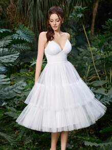 Elasola Polyester Tulle Spaghetti Strap Ruched Bust&Ruffle Trim Layered Tulle Dress Formal Wear For Weddings, Lightweight & Airy Design With Fashion Credentials Summer Dresses Spring Clothes