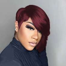 99J Wine Red Pixie Short Wig, Brazilian Human Hair, Glueless Full Lace Wig, Layered Short Wig With Bangs, Lace Front Wig - Burgundy - View 6