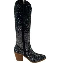 ARiderGirl Shine Women's Western Cowboy Knee High Booties Rhinestone Embellished Almond Toe Side Zipper Stacked Heel Boots - Suede Black Silver - 查看 3
