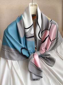 1 Pc Simple Color Block Printed Silk Scarf Twill Scarf Versatile Large Square Scarf Sunshade Shawl Headscarf Women Hijab Lightweight Shawls Gift - Multicolor - View 3