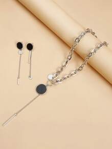 Minimalist Geometric Chunky Chain OT Clasp Round Black & White Shell Necklace & Earrings Set, Suitable For Daily Wear For Women