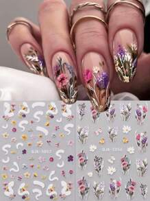 2 件春夏花朵浮雕美甲贴纸，精美小花美甲浮雕贴纸贴花，印花 5D 自粘指甲图案，适用于丙烯酸指甲，女士和女孩的半月板用品，节日礼物 - 彩色 - 查看 1