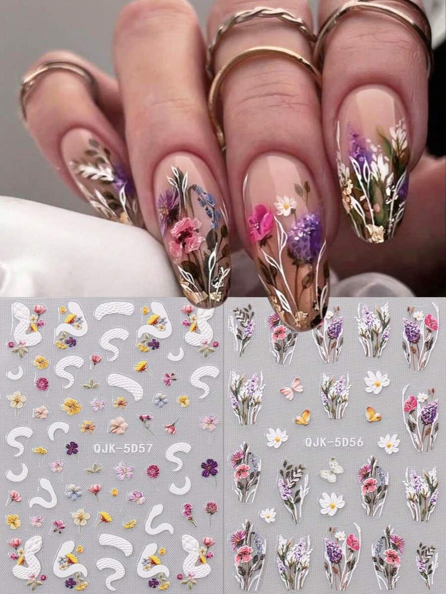 2 件春夏花朵浮雕美甲贴纸，精美小花美甲浮雕贴纸贴花，印花 5D 自粘指甲图案，适用于丙烯酸指甲，女士和女孩的半月板用品，节日礼物 - 彩色 - 查看 1