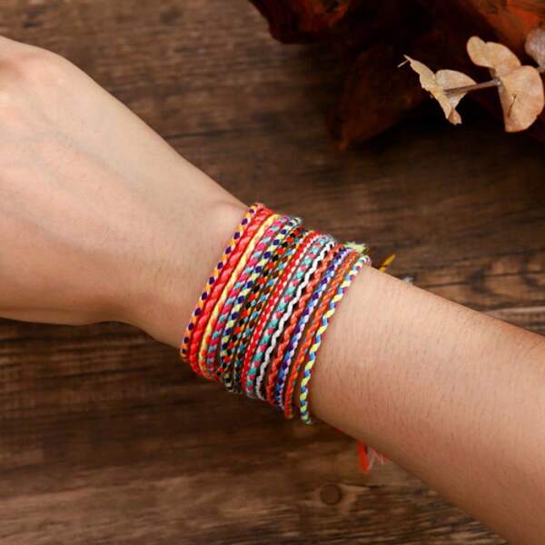 12 pièces Bracelets/Bracelets de cheville tressés multicolores de style bohème à plusieurs couches, style rétro unisexe