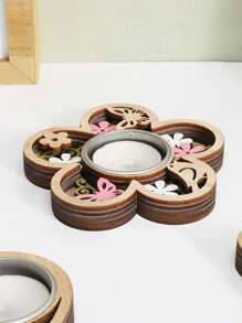 1pc, Wooden Flowers, Butterflies, And Hearts Shape Candle Holder, Wooden Crafts Candlestick, Festival Desktop Home Decor, Party Supplies Gifts Birthday Graduation,Wedding
