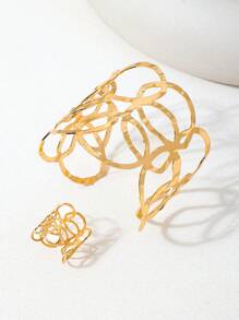 1 Set Of Elegant Geometric Floral Pattern Adjustable Opening Bracelet And Ring Set For Daily And Party Wearing Jewelry
