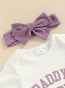 Baby Girls Shorts Set, Short Sleeve Letters Print Romper Elastic Waist Shorts With Hairband Summer Outfit - Purple - View 4