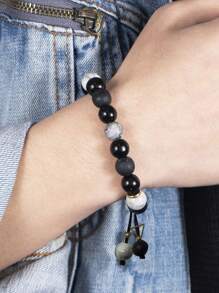 1pc New Matte Black Glass Beads Cube Weaving Bracelet, Men's High-End Retro Personalized Adjustable Rope Bracelet Gift Jewelry