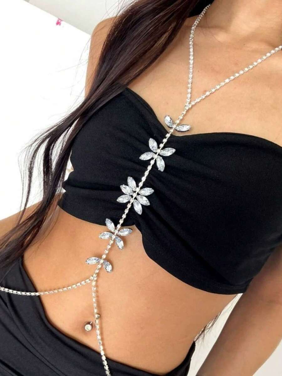 1pc New Fully Rhinestoned Butterfly Chest Chain, Sexy Bikini Body Chain, European & American Style