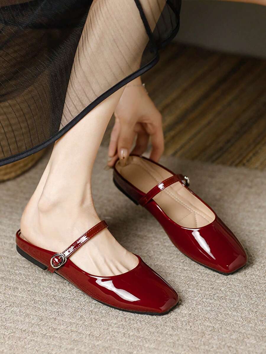 Women's Fashion Square Toe Casual Slip-On Black Shoes, Versatile Office, Outdoor Wear Flat Mules, Spring/Summer Premium Quality - 酒紅色 - 查看 1