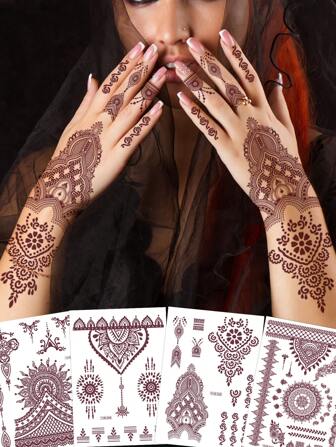4 Pieces Red & Brown Henna Mandala Floral Lace Design Sexy Body Art Temporary Waterproof Tattoo Stickers, Suitable For Hands, Arms, Back, Festivals, Parties, Everyday Wear