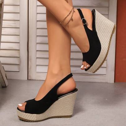 Platform Wedge Woven Bottom Peep-Toe Shoes With Rhinestone Decor, Women's Peep Toe Sandals