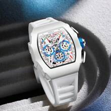 ONOLA Brand Chronograph Quartz Watch For Men Tonneau Dial Sport Waterproof Wristwatch Milk White Silicone Strap Auto Date Watch - trắng - Xem 6