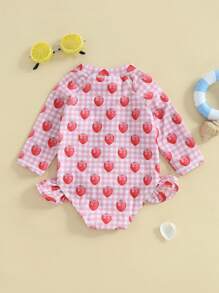Baby Girl Rash Guard Swimsuit Ice Cream/Shrimp/Strawberry Print Long Sleeve Mock Neck Zipper Bathing Suit - 亮粉紅色 - 查看 2