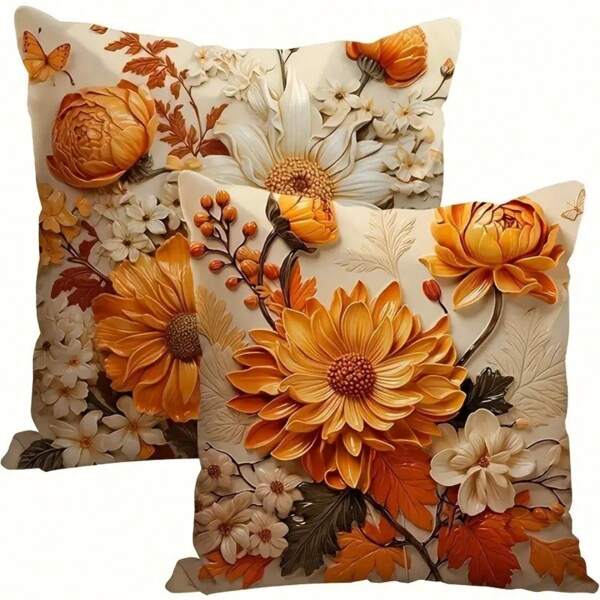 2 pièces Housses de coussin décoratif à fleurs d'automne, style contemporain, lavage à la main uniquement, fermeture éclair, polyester tissé, pour salon - les inserts de coussin ne sont pas inclus