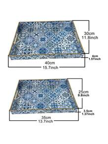 Bandejas decorativas de estilo bohemio azul de plástico con asas para decoración de mesa de café, bandeja de almacenamiento de escritorio para joyas, perfumes, organizador de bandejas otomanas estilo boho, accesorios de cocina, decoración de cocina, bandeja para frutas