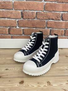 Botte haute pour femme, en canevas, à lacets, confortable, style Bamba, canevas classique, sportive - Noir - Voir 4