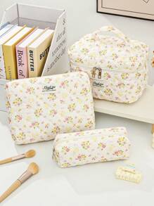 1 pieza/set Bolsa de maquillaje acolchada con estampado de conejito y floral, organizador cosmético multifuncional tipo cartera con cremallera para guardar lápices de labios, brochas, productos de cuidado de la piel, teléfono móvil, monedas y otros artículos pequeños para el hogar o viajes