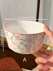 1pc Pink Floral Rice Bowl, Cute Ceramic Bowl, Ceramic Deep Plate, Yogurt Bowl, Breakfast Bowl, Vegetable Salad Large Bowl, Soup Plate, Dipping Sauce Dish, Pickled Vegetable Snack Plate, Suitable For Home, Restaurant, Cafe - Pink Floral Tableware - View 11