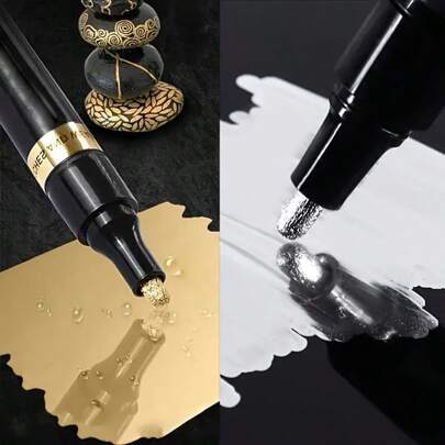 2 Gold And Silver Metal Paint Pens, Medium Tip Marker Pen, High Gloss, UV Resistant, Suitable For Wood, Plastic, Glass, Metal, Ceramics - Very Suitable For Painting, Sketching, Marking - Indoor And Outdoor Use, DIY Hand Drawing, Black Card Drawing, Graffiti, Handicrafts, Diary Writing