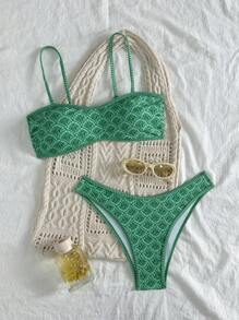 Bộ bikini quây 2 mảnh màu xanh lá cây in hoa dành cho nữ, có dây đeo tháo rời, thích hợp cho kỳ nghỉ trên đảo và chụp ảnh ngoài trời mùa hè. - Nhiều màu - Xem 1