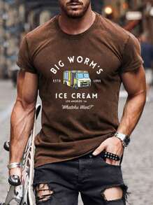 Men's Casual Slogan & Car Graphic Print Short Sleeve Round Neck T-Shirt, Suitable For Commuting, Summer