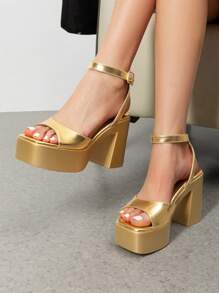 Women Fashion Chunky Platform High Heeled Sandals Open Toe Buckle Decor Ankle Strap Heeled Sandals For Daily Wearing Party Prom - 金色 - 查看 5