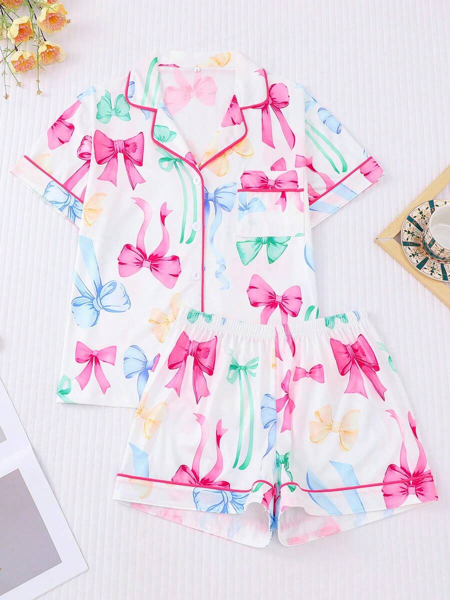 2pcs Women's Butterfly Allover Print Sleepwear Set, Short Sleeve Top And Shorts, Pocket, Lapel Bow, Button Front, Suitable For All Seasons