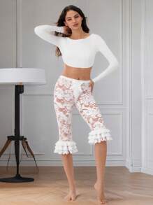 Women Lace Ruffle Capri Leggings Sheer Mesh Elastic High Waist See Through Pants - 白色 - 查看 9