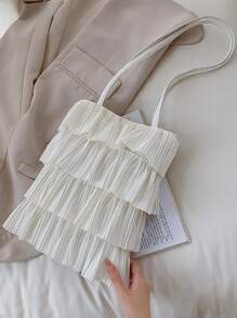 1 Pc White Fabric Casual Fresh Style Foldable Multi-Layer Pleated Open Tote Bag, Large Capacity Suitable For Women In Spring/Summer, College Student School Bag, Teenage Girls Outdoor Shopping Handbag For Phones, Wallets, Lipsticks, Keys, Tissue, Storage Pouch, Fashion Item