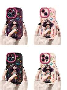 时尚手机壳，兼容 16、17、14 Pro Max、13、12、11、15 - 卷发女孩涂鸦设计，高品质TPU保护套，防摔 - 泡芙殼-紅塗鴉女孩 - 查看 1