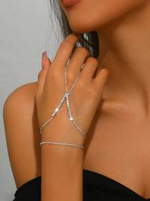 1pc Stylish Simple Silver-Color Rhinestone Full Finger Chain Bracelet