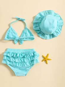 Conjuntos de trajes de baño de verano para niñas pequeñas, blusa con cuello colgante, pantalones cortos con volantes en capas y sombrero. - Azul - Ver 3